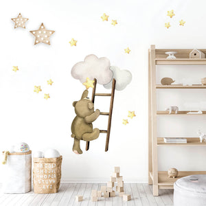 *RASPRODAJA* Teddy Reaching Stars Adventure @HIAWorkshop® - Naljepnice za zid dječje sobe 120x80 cm - TAMNIJA BOJA U PRINTU