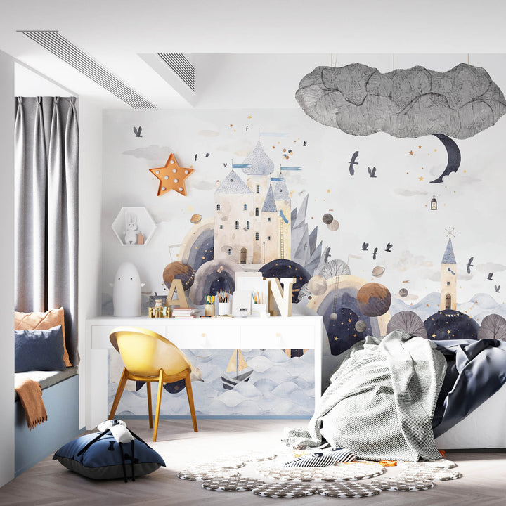 Zidna Tapeta Po Mjeri Za Dječju Sobu Sa Motivom Dvorca među oblacima i dugama. Umjerenih boja, lako će se uklopiti u svaki interijer