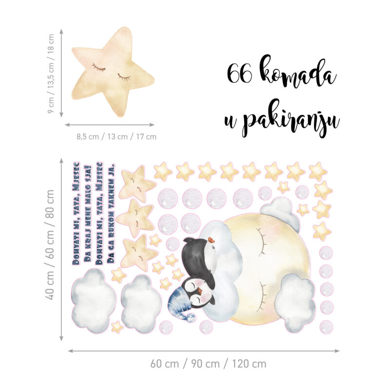 Naljepnice za zid dječje sobe Dohvati mi Tata Mjesec - Catch The Moon For Me - B variant, Pingvin na punom mjesecu, zvijezde i mjesec