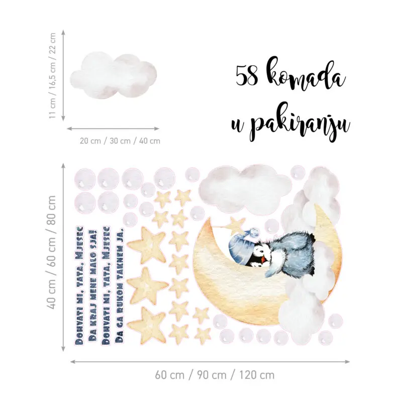 Naljepnice za zid dječje sobe Dohvati mi Tata Mjesec - Catch The Moon For Me - C variant, Pingvin na mjesecu, zvijezde i mjesec
