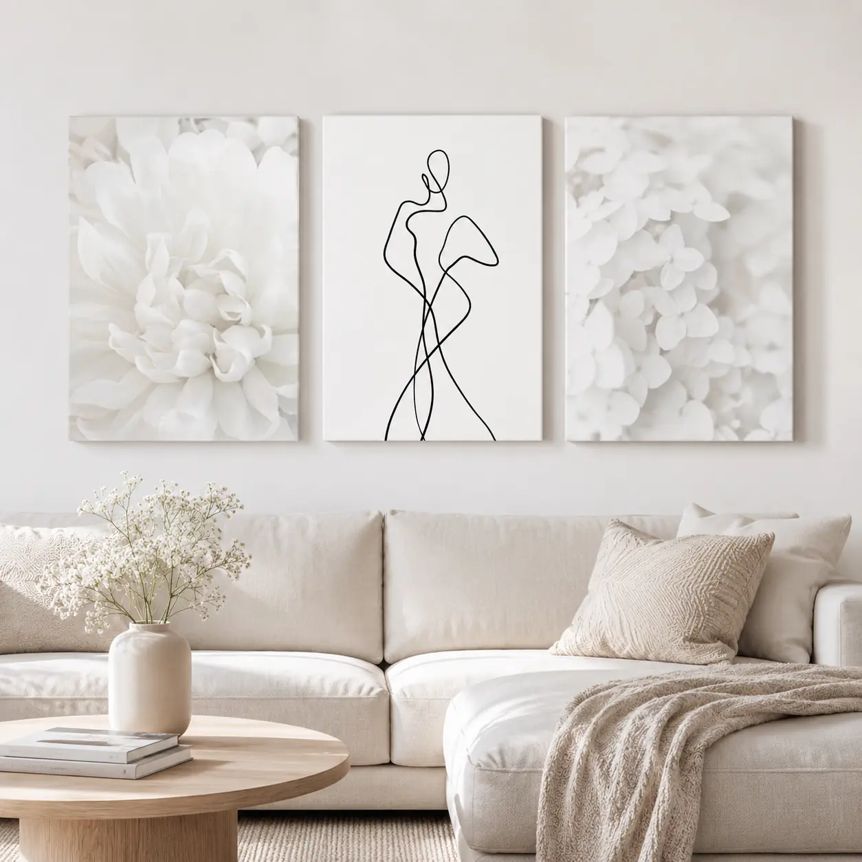 Crno bijele line art slike na platnu Line Art & White u setu od 3 ilustracije za profinjen interijer