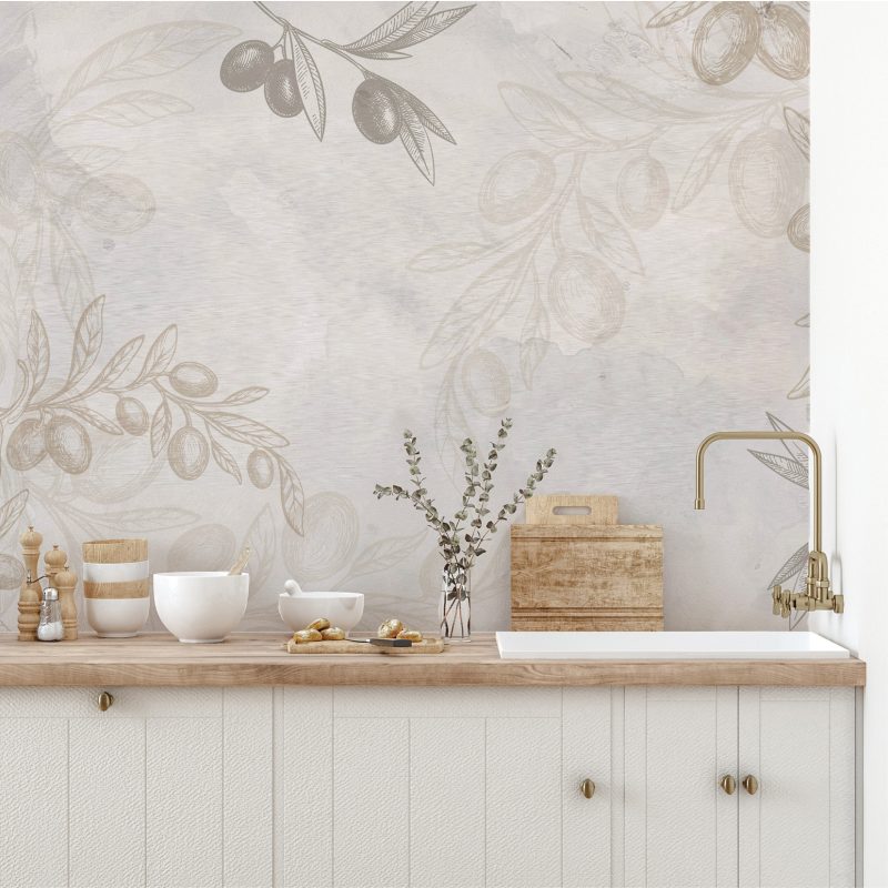 Olive Branch In Beige Tapeta