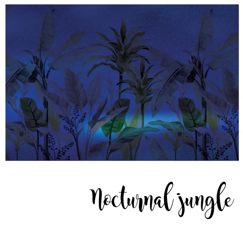 Digitalna ilustracija tapete Nocturnal Jungle s tamnoplavo-zelenim nijansama