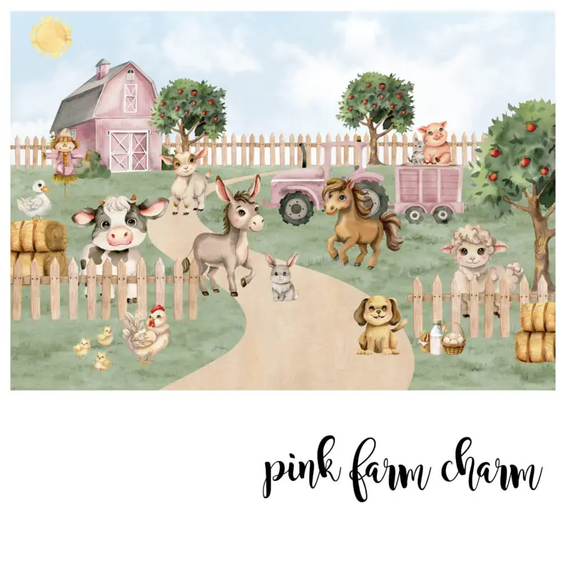 Dječja zidna tapeta s farma motivima – Farm Charm – HIA Workshop - Roza - shema