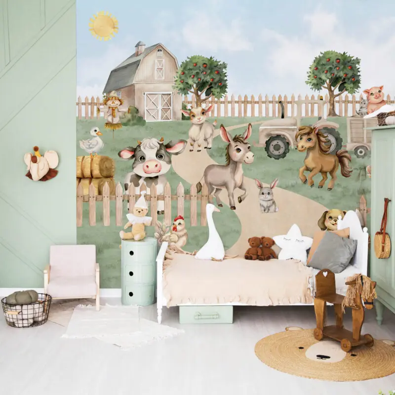Dječja zidna tapeta s farma motivima – Farm Charm – HIA Workshop - Beige