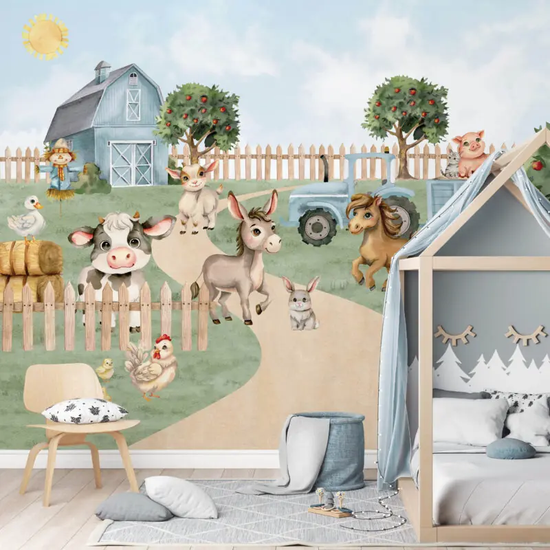 Dječja zidna tapeta s farma motivima – Farm Charm – HIA Workshop - Plava