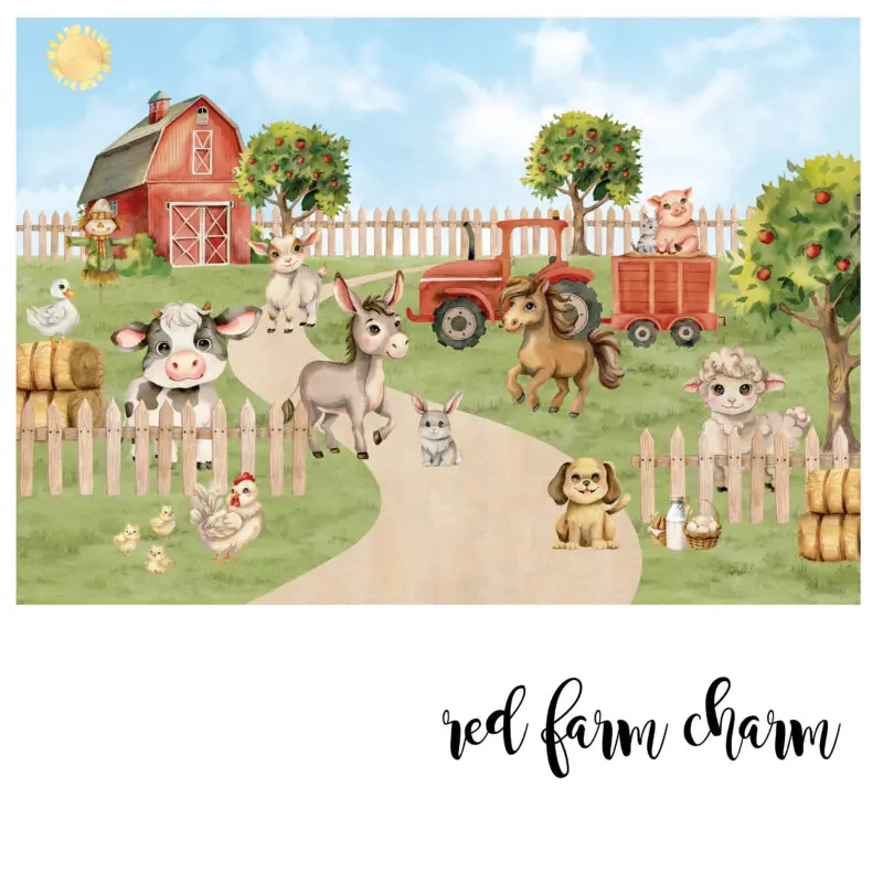Dječja zidna tapeta s farma motivima – Farm Charm – HIA Workshop - Crvena - shema