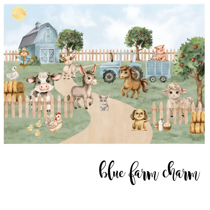 Dječja zidna tapeta s farma motivima – Farm Charm – HIA Workshop - Plava - shema
