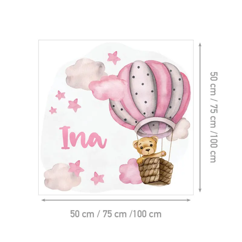 Personalizirana dječja naljepnica s imenom i medvjedićem u balonu među oblacima, u pastelnim tonovima Roze boje.