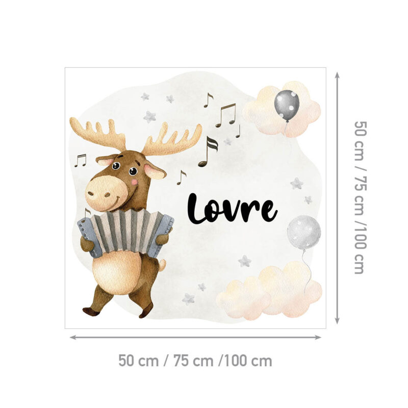 Personalizirana dječja naljepnica za zid s imenom, ilustracijom soba koji svira harmoniku, okružen balonima, glazbenim notama i oblacima.