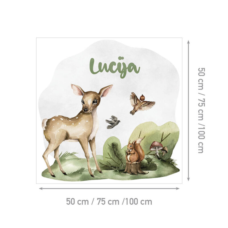 Personalizirana dječja naljepnica s imenom i ilustracijom lane, vjeverice, ptica i gljiva u zelenoj šumskoj sceni, u toplim, prirodnim tonovima - shema