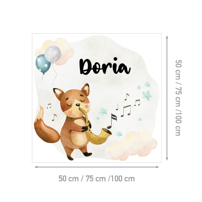 Personalizirana dječja naljepnica za zid s imenom, ilustracijom lisice koja svira saksofon među oblacima, glazbenim notama i balonima - tirkizna - shema