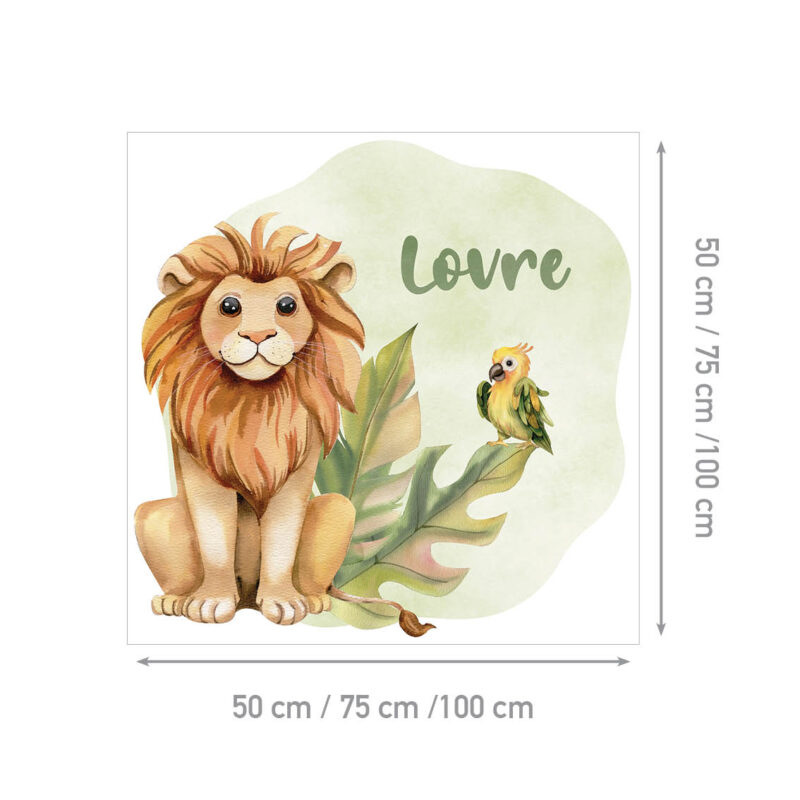 Personalizirana dječja naljepnica s imenom i ilustracijom lava i papige u zelenoj safari atmosferi, s listovima tropske biljke - shema
