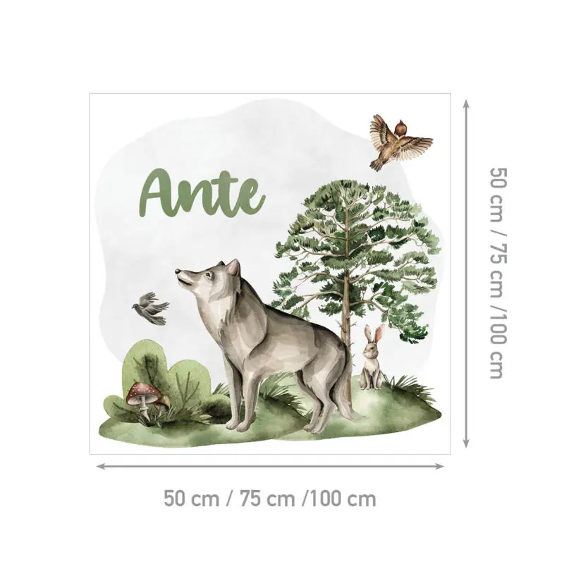 Personalizirana dječja naljepnica s imenom i ilustracijom vuka u šumi, okruženog borom, pticama i zecom, u prirodnim zelenim i smeđim tonovima - shema