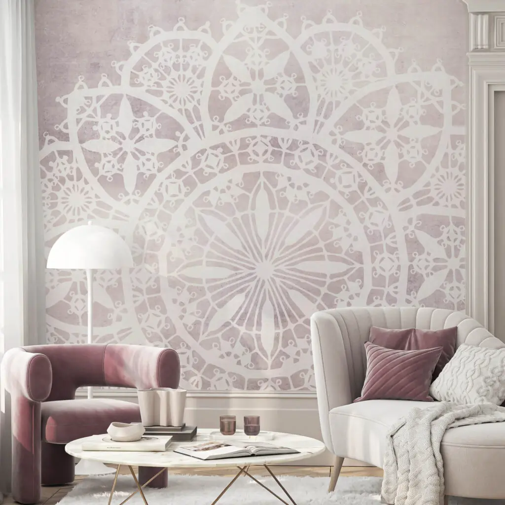 Tapete za zid | Dizajnerski Mural | Delicate Lace Rose
Čipkasti uzorak u bijeloj boji lagano se preljeva preko nježnog ružičastog pozadinskog tona, stvarajući atmosferu blagosti i romantike.