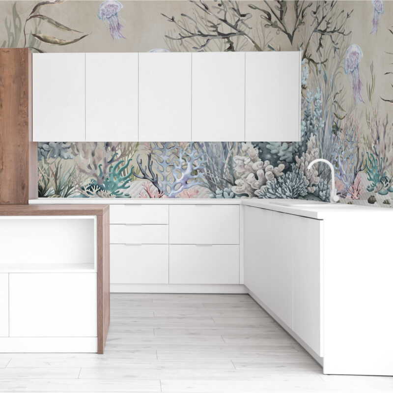 tapete za zid s koraljima, kuhinjski backsplash s motivima koralja u pastelnim bojama, elegantan i umirujući podvodni dizajn