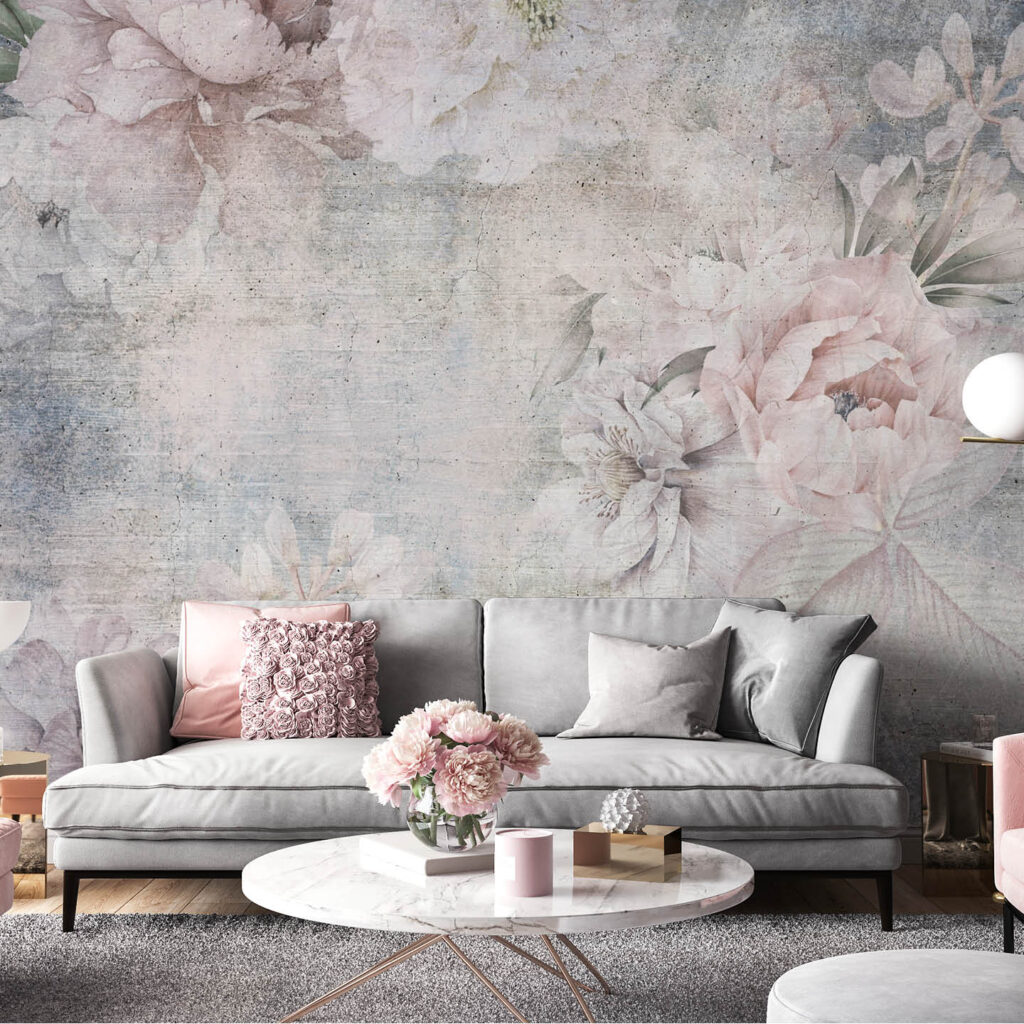 Tapete za dnevni boravak s cvjetnim uzorkom u pastelnim tonovima – Flower Chic