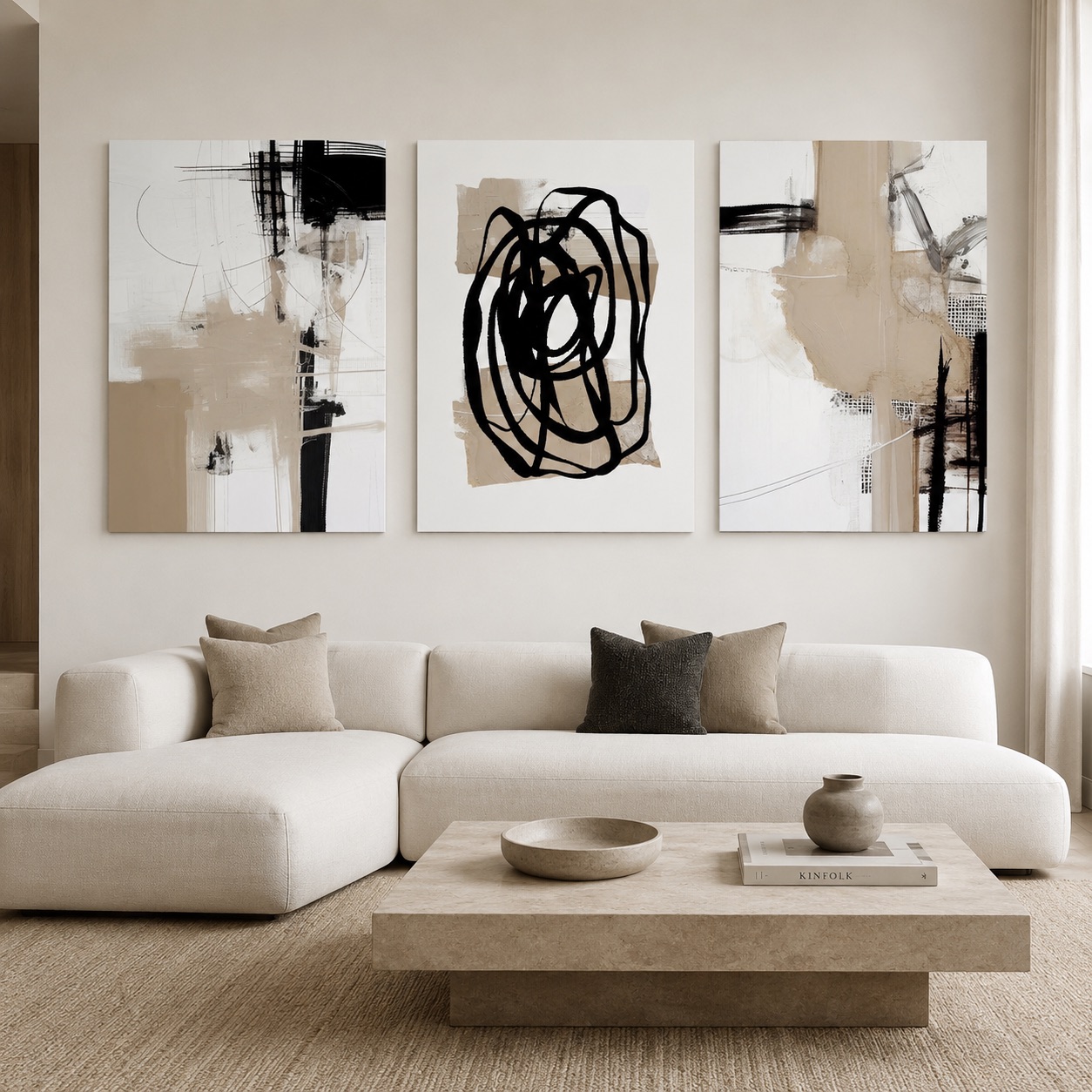 Crno beige apstraktne slike na platnu Contemporary Dreams prikazane u modernom dnevnom boravku