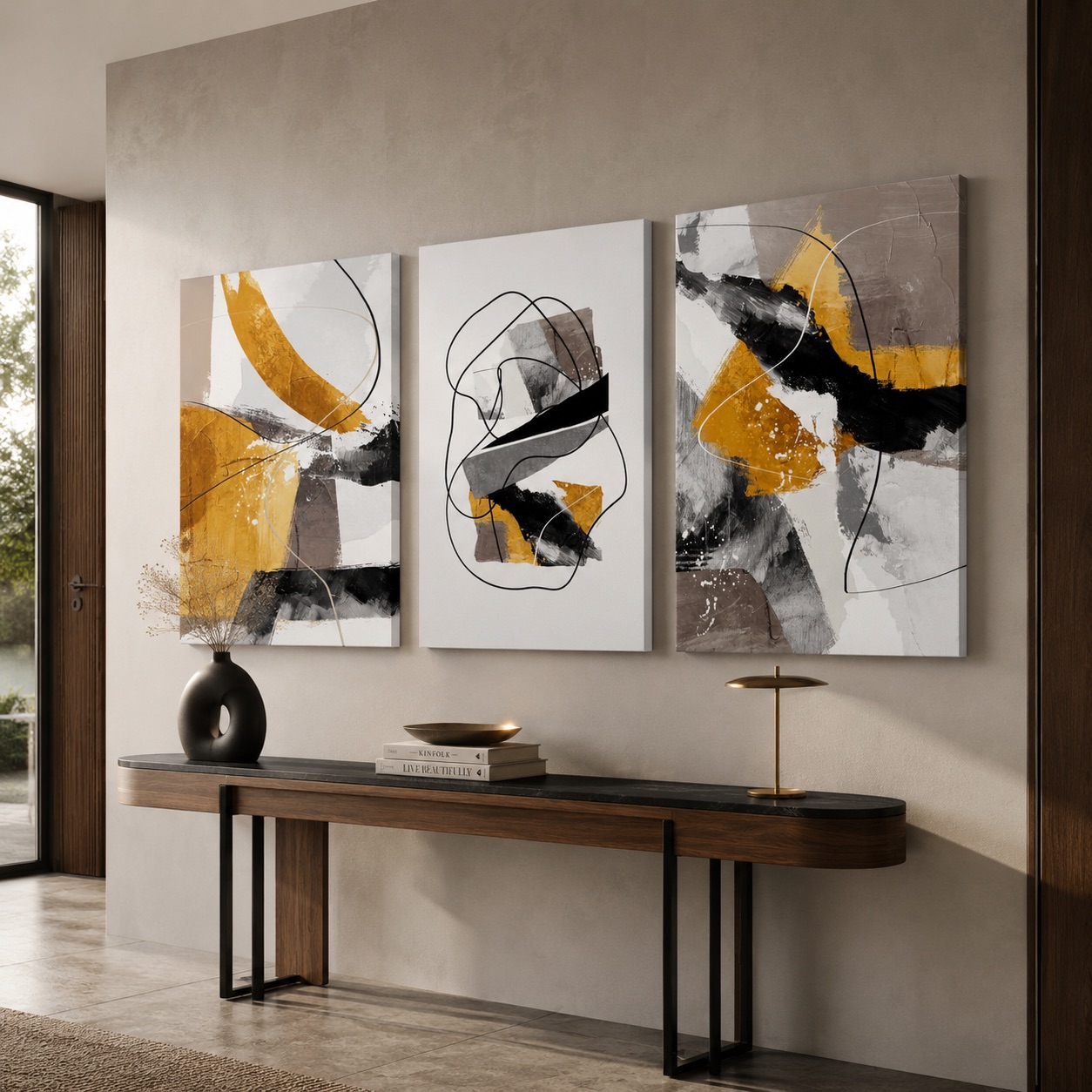Gold Garrison set od 3 apstraktne ilustracije u crnim sivim bijelim i toplim žutim tonovima