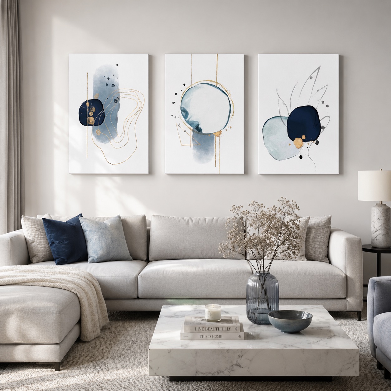 Playful Navy Blue set od 3 apstraktne ilustracije u tamnoplavim bijelim crnim i prirodnim tonovima
