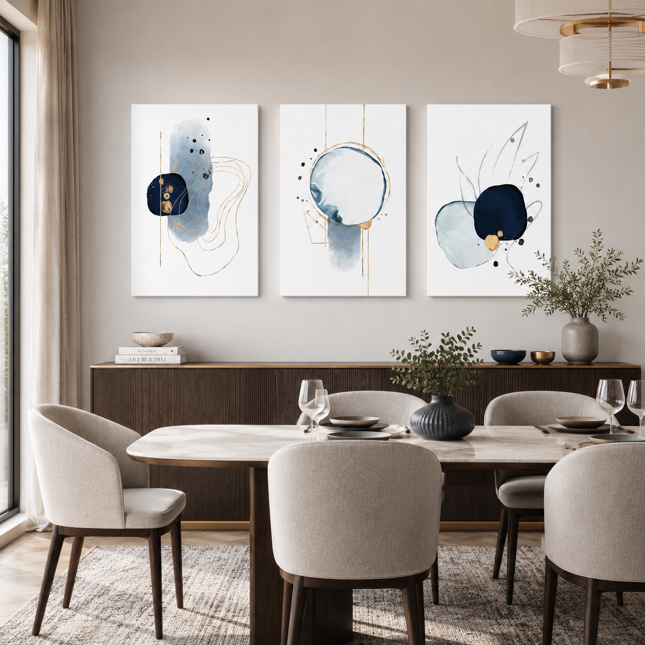 Plave apstraktne slike na platnu Playful Navy Blue u setu od 3 ilustracije za moderan interijer