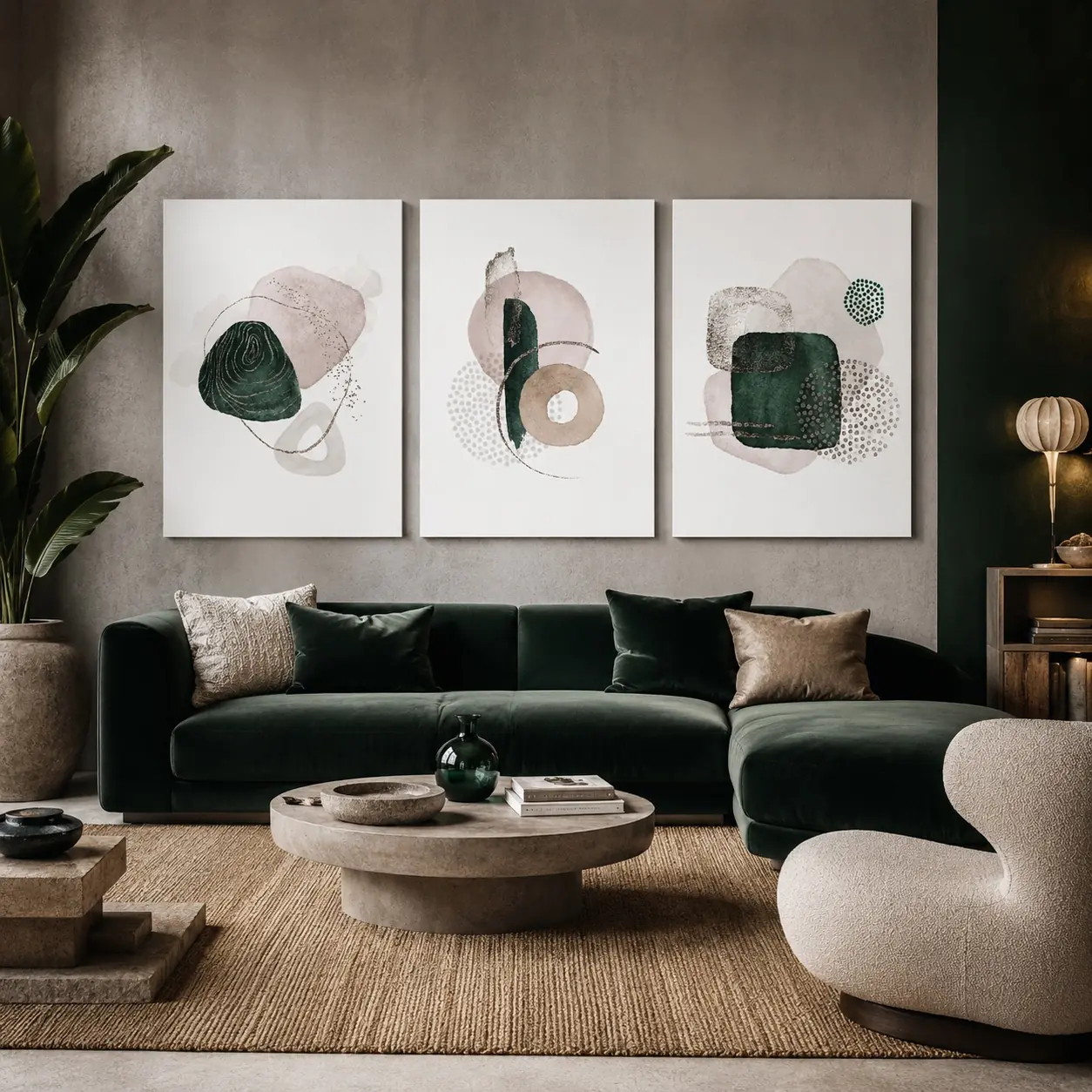 Posteri ili slike na platnu u uređenom dnevnom boravku.Komplet od 3 ilustracije Gentle Abstract Green.