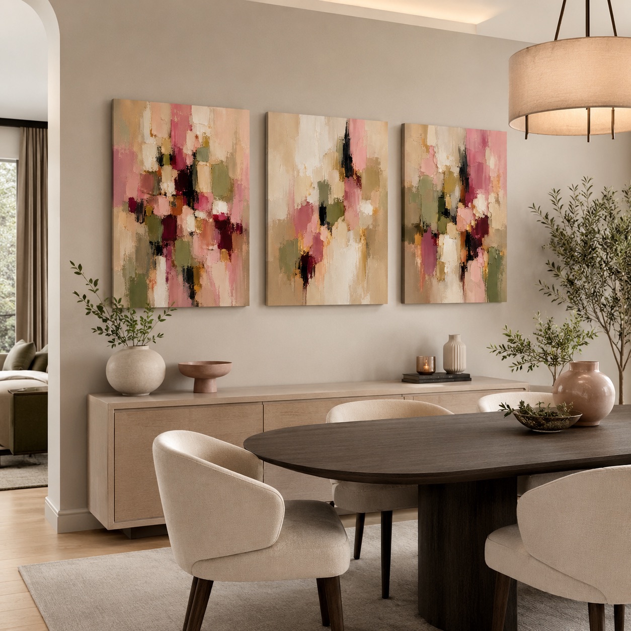 Blush Arrangement apstraktne slike u toplim tonovima u modernoj blagovaonici