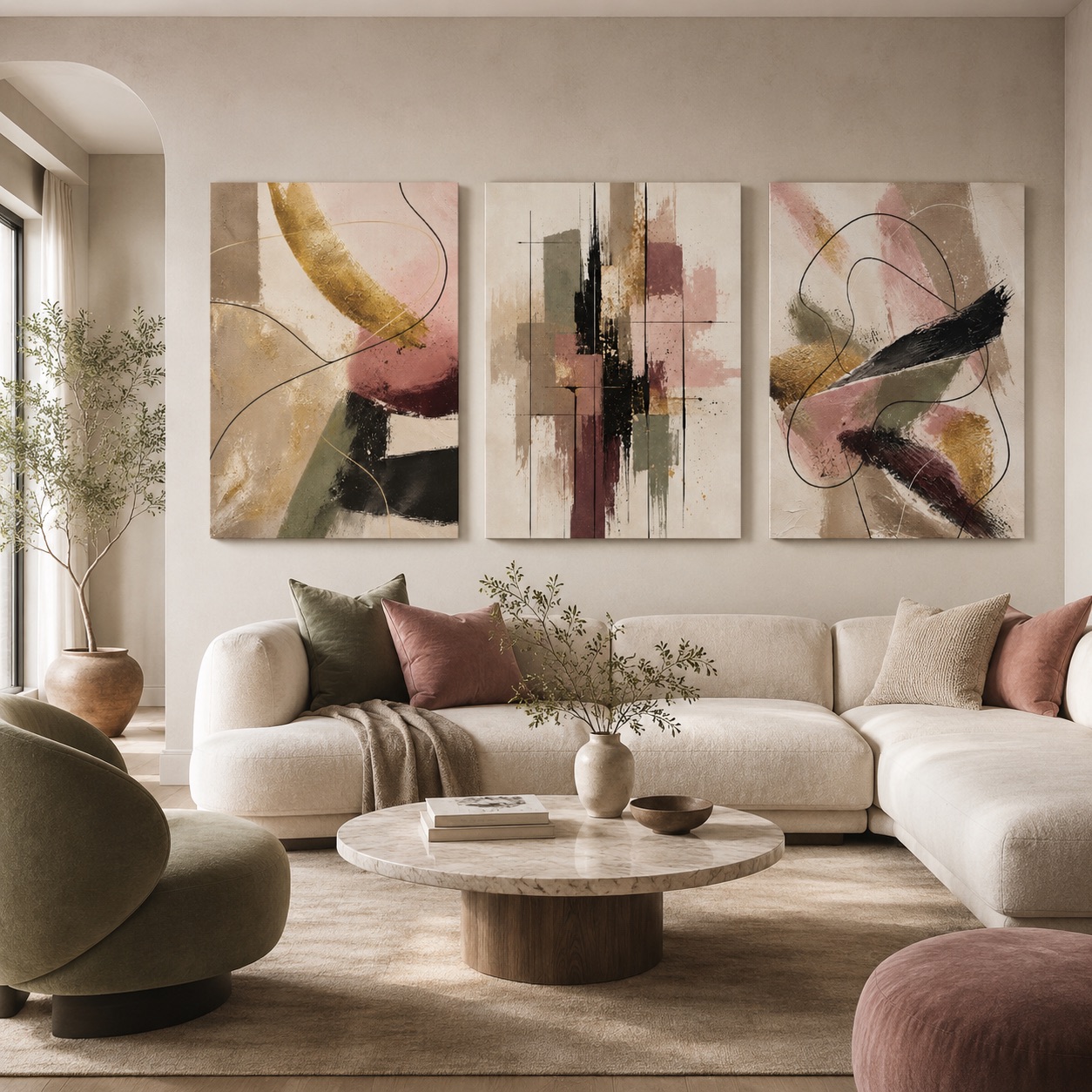 Blush Cadence apstraktne slike u pastelnim tonovima u modernom dnevnom boravku