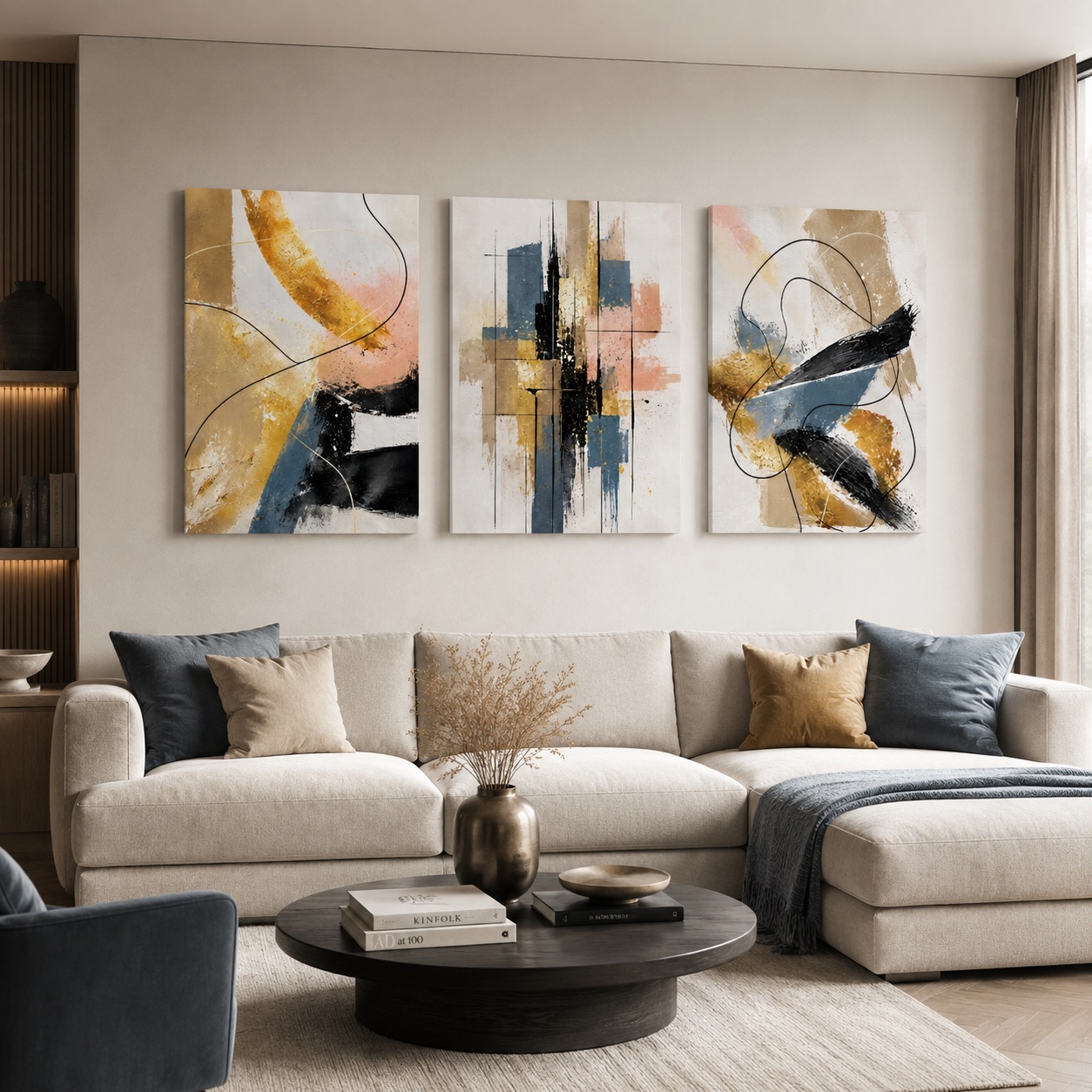 Gold Cadence apstraktne slike s toplim detaljima u modernom dnevnom boravku
