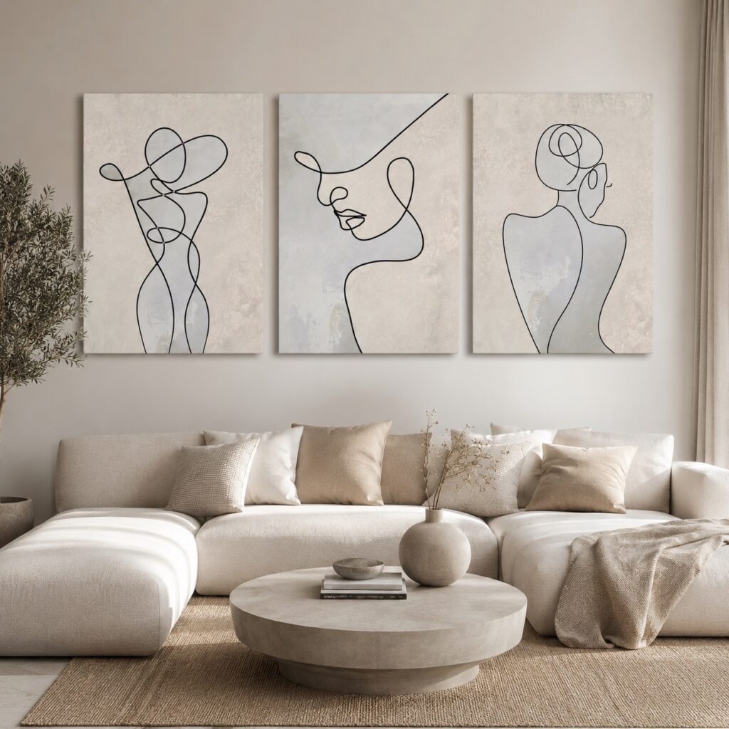 Komplet od 3 ilustracije Shape of You kao posteri ili slike na platnu u uređenom dnevnom boravku.