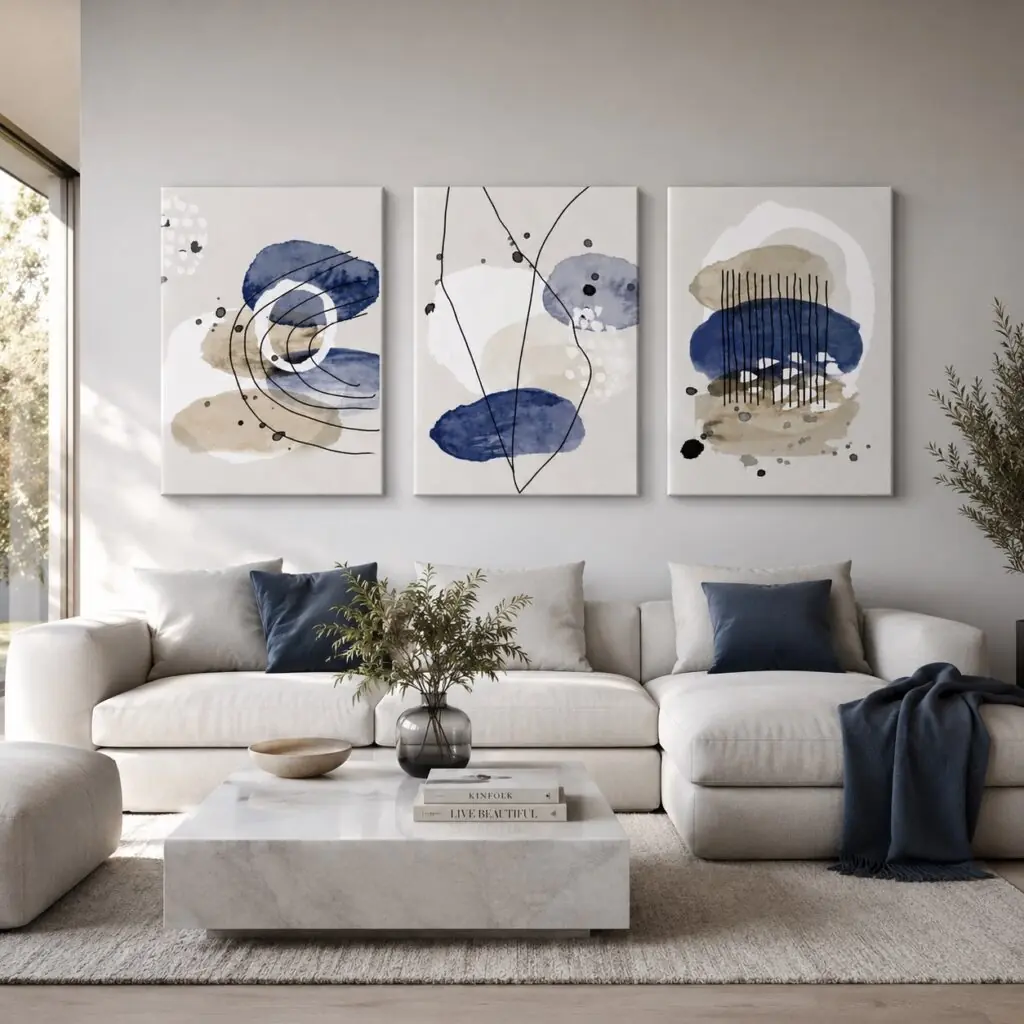 Plave apstraktne slike na platnu Dancing Clouds u setu od 3 ilustracije za moderan interijer